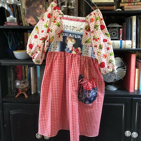 Handmade vintage tea towel dress puff sleeve midi cotton shabby art to wear boho - Picture 5 of 5